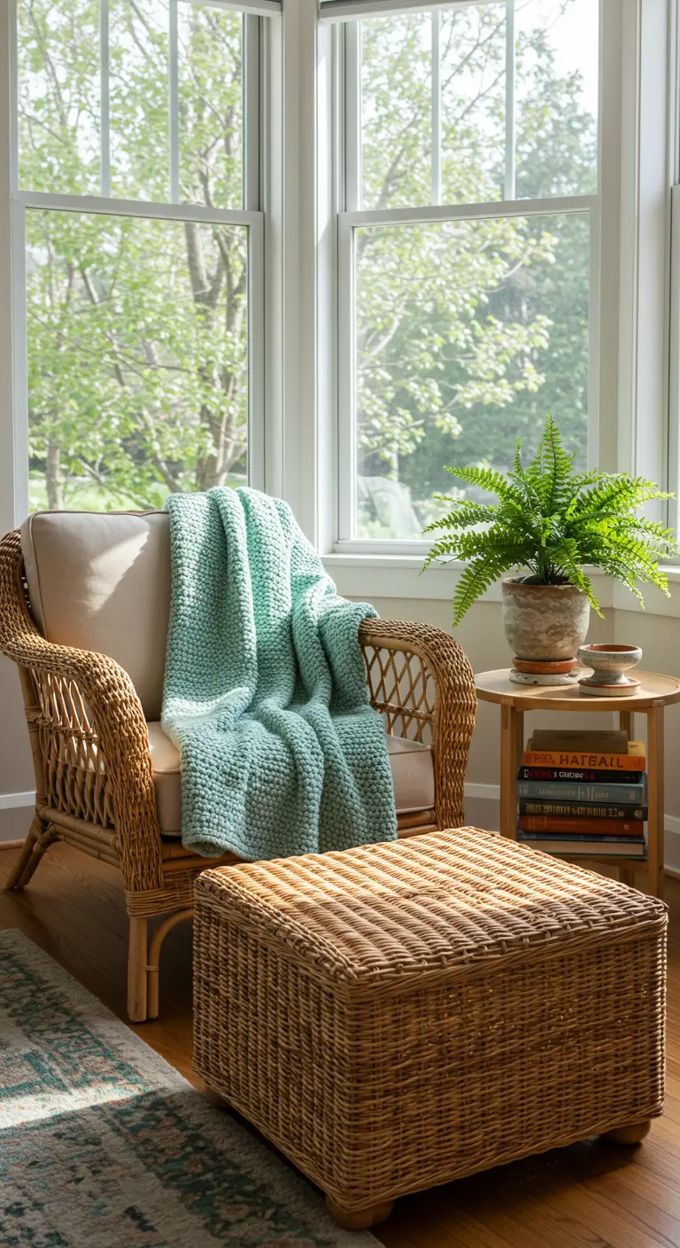 Cozy reading corner with a rattan armchair, matching woven ottoman, and a seafoam green blanket.