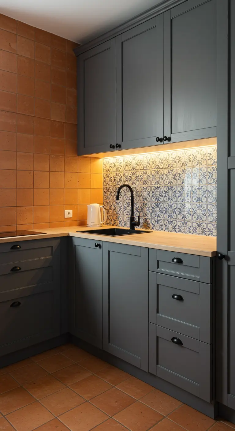 Charcoal kitchen cabinets with a terra cotta tile floor and accent wall.