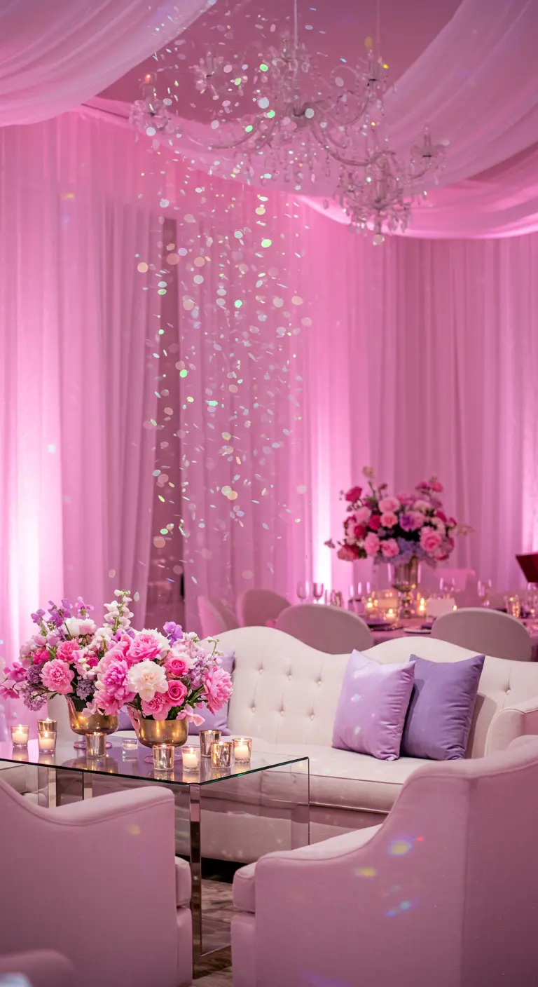 A party lounge lit in pink, with iridescent confetti circles hanging from the ceiling like a gentle snowfall.