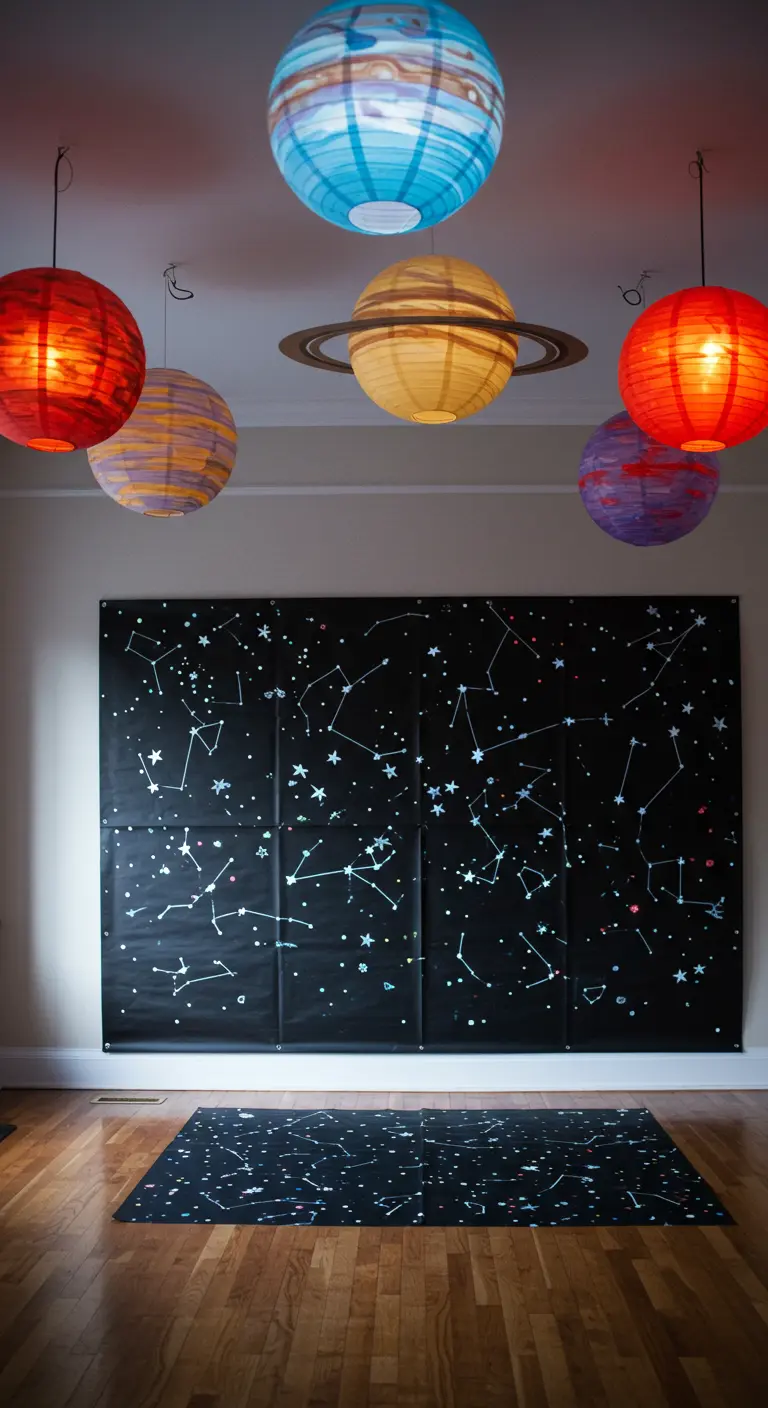 DIY solar system with glowing paper lantern planets and a constellation wall backdrop.
