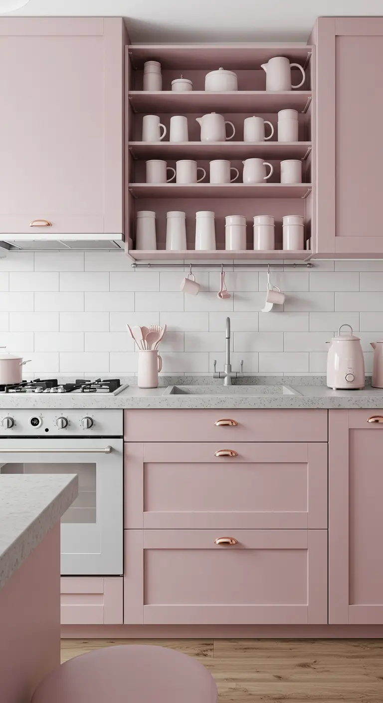 A pastel pink kitchen with a central open shelving unit displaying white ceramic tableware.