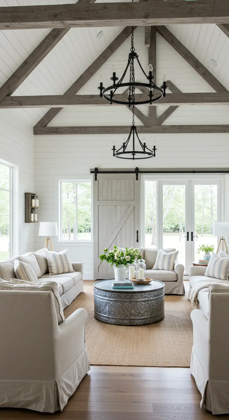 Symmetrical living room with facing sofas, a round metal coffee table, and a gray barn door.