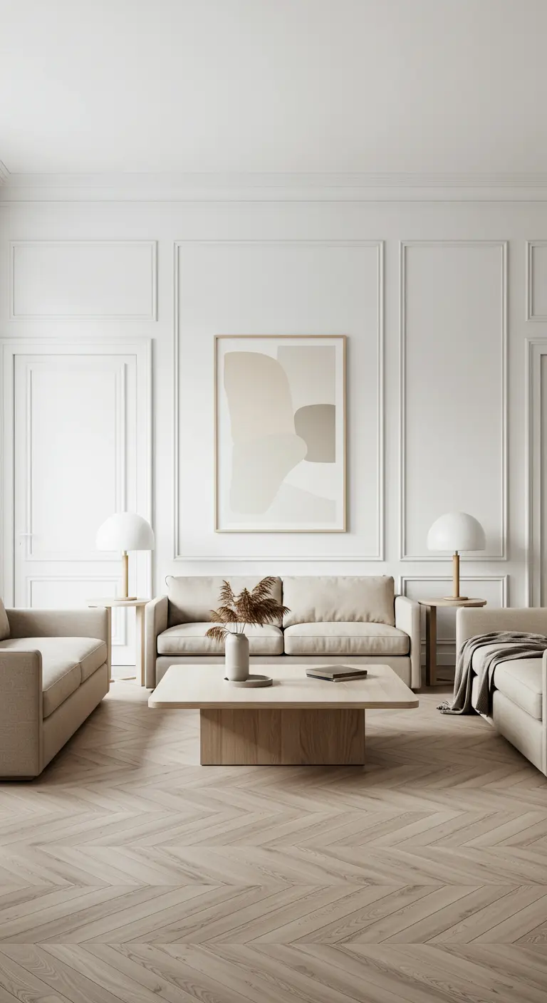 Two identical beige sofas face each other over a coffee table in a symmetrical living room layout.