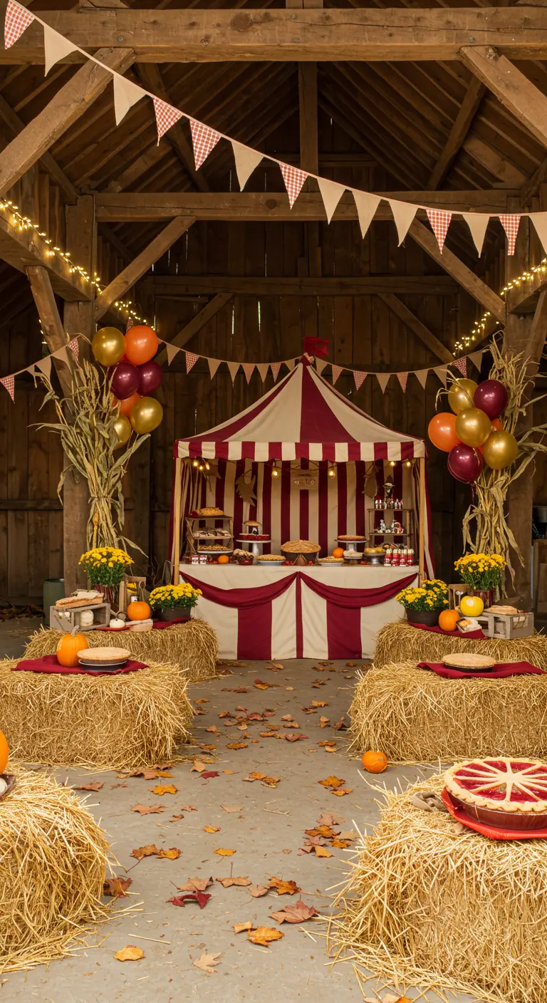 An autumn carnival in a barn with a striped tent, hay bale seating, and pumpkins.