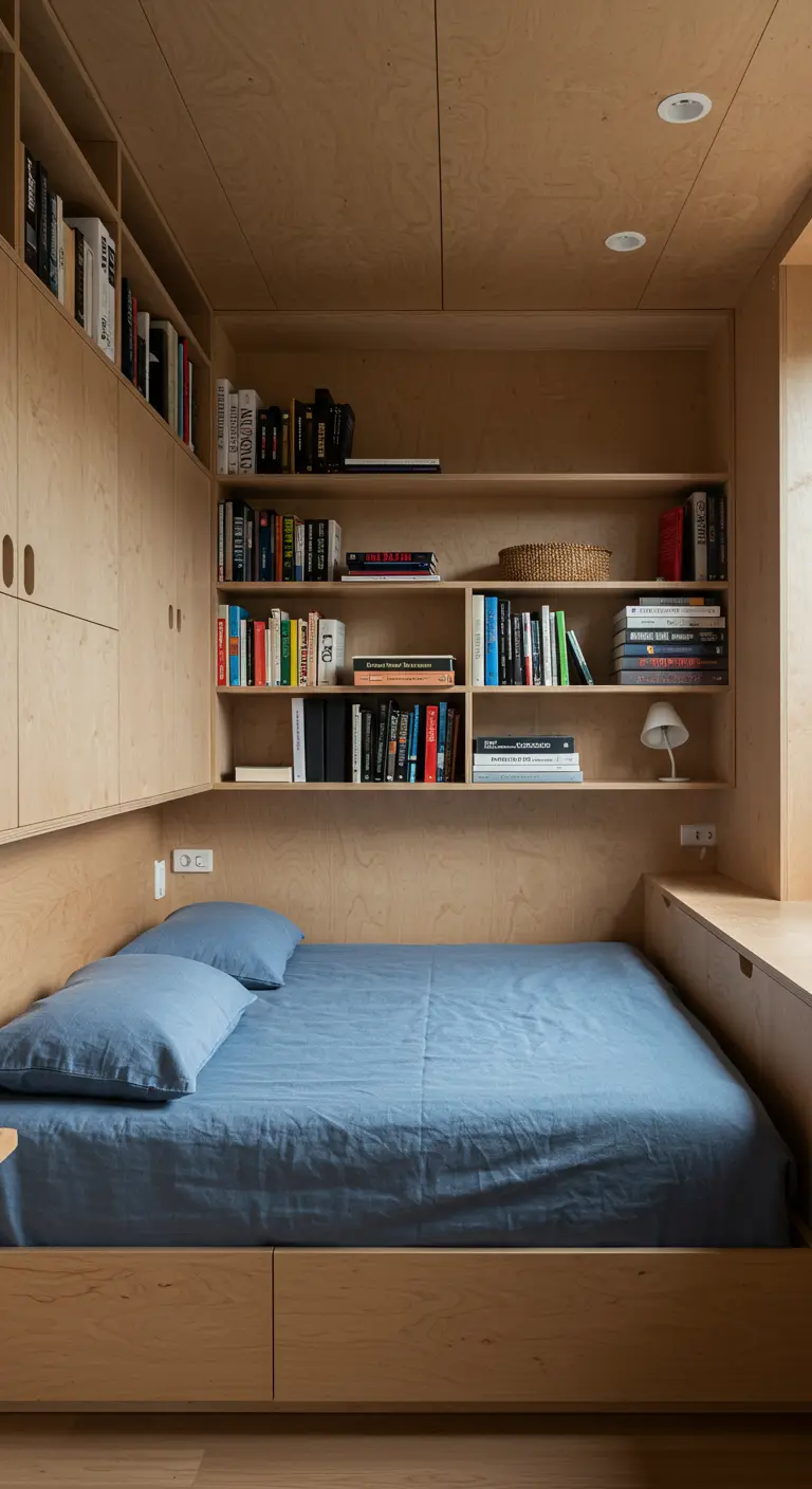 Cozy bedroom with a bed built into a plywood nook surrounded by integrated shelves.