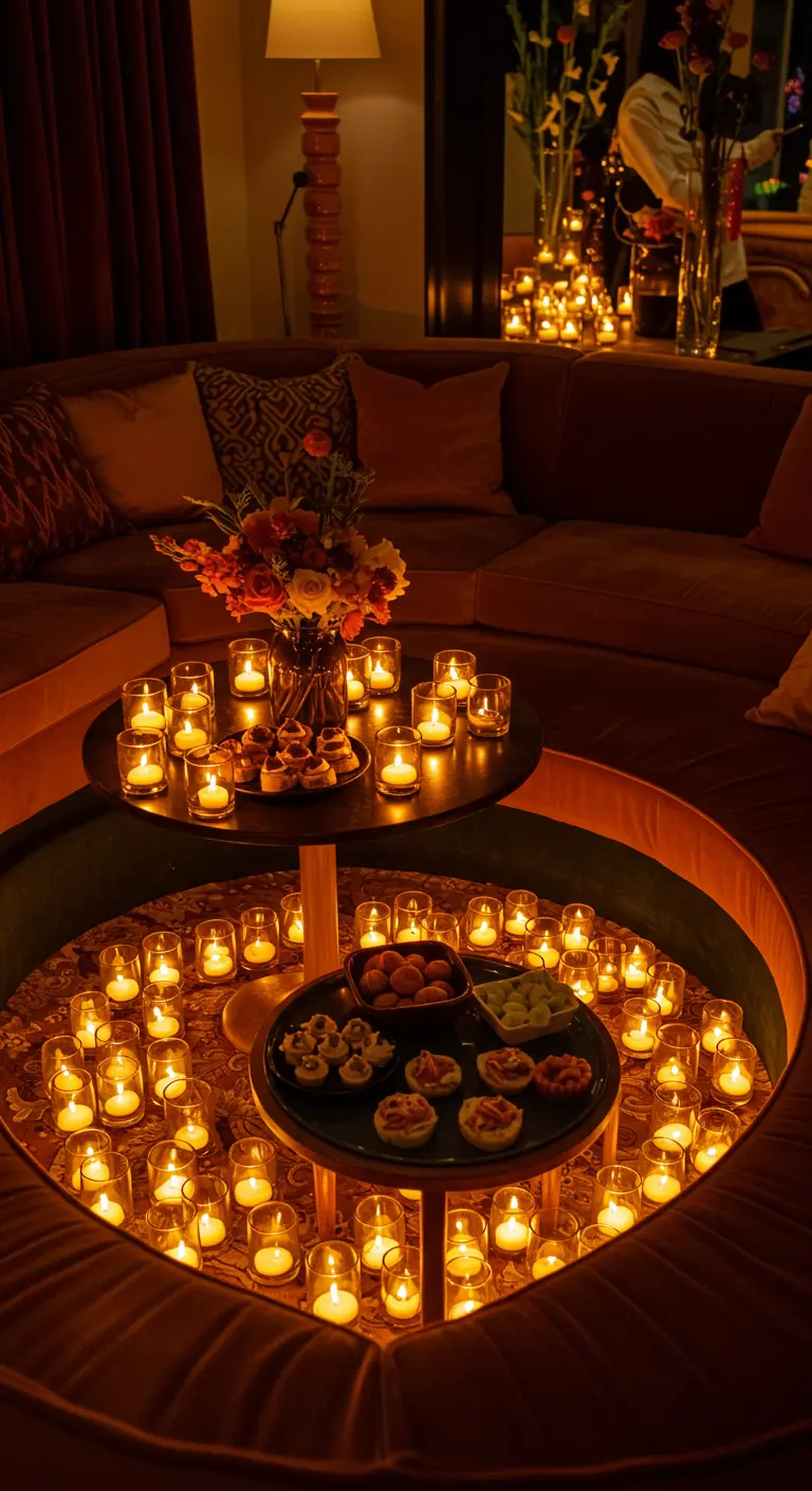 A circular conversation pit with tiered tables filled with dozens of candles in glass votives.