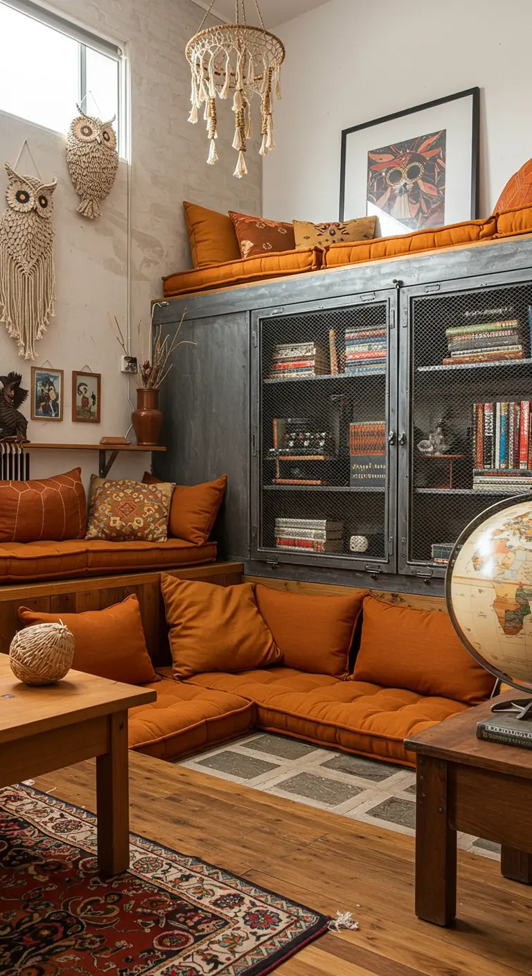 A cozy conversation pit with orange cushions, flanked by gray industrial lockers for storage.