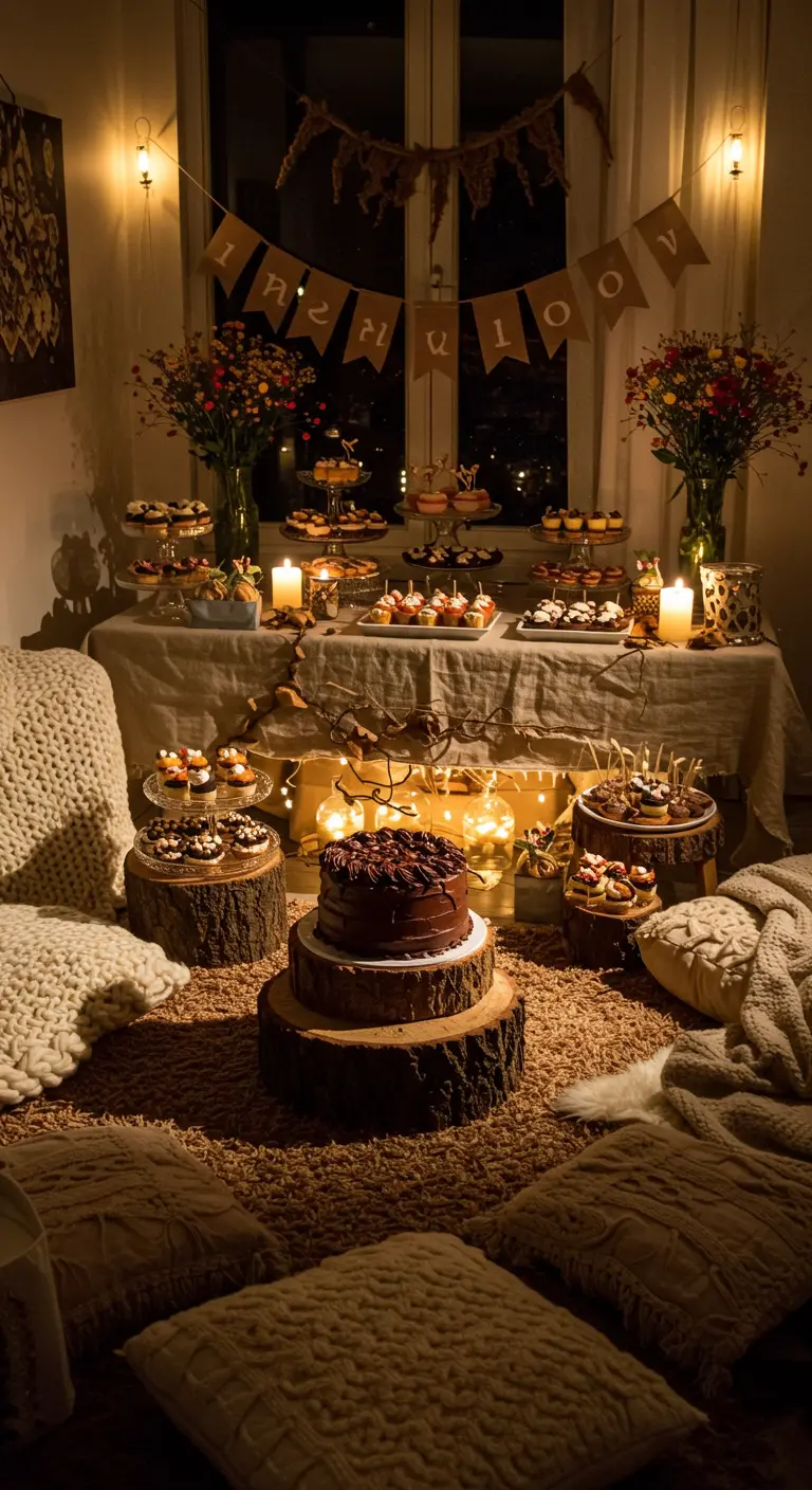 Cozy indoor woodland party with floor pillows, blankets, and candlelit dessert table.