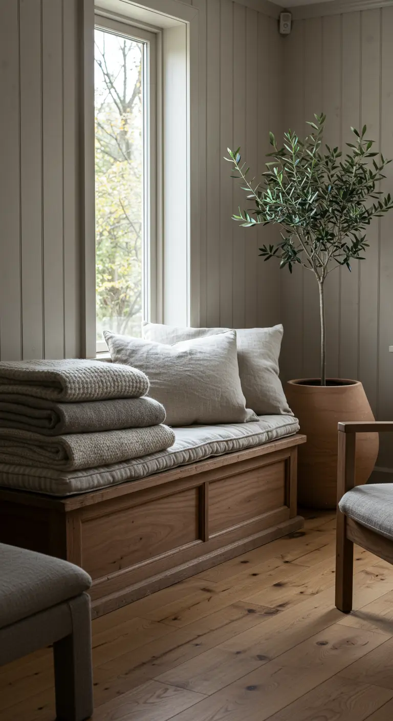 A wooden window seat piled with linen cushions and wool blankets next to an olive tree.
