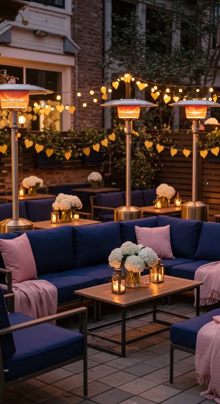A cozy outdoor patio at dusk with heat lamps, navy couches with pink throws, and heart-shaped lights.