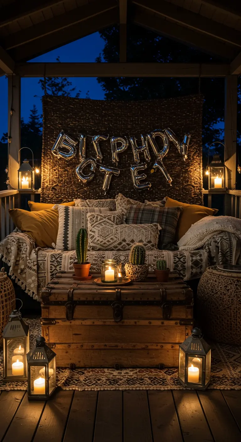 A cozy, candlelit porch decorated with pillows, lanterns, and a vintage trunk coffee table.