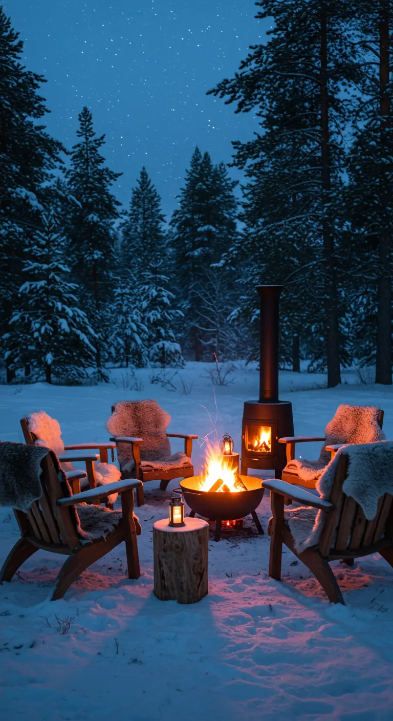 A fire pit in a snowy landscape at night, with sheepskin throws on wooden chairs.