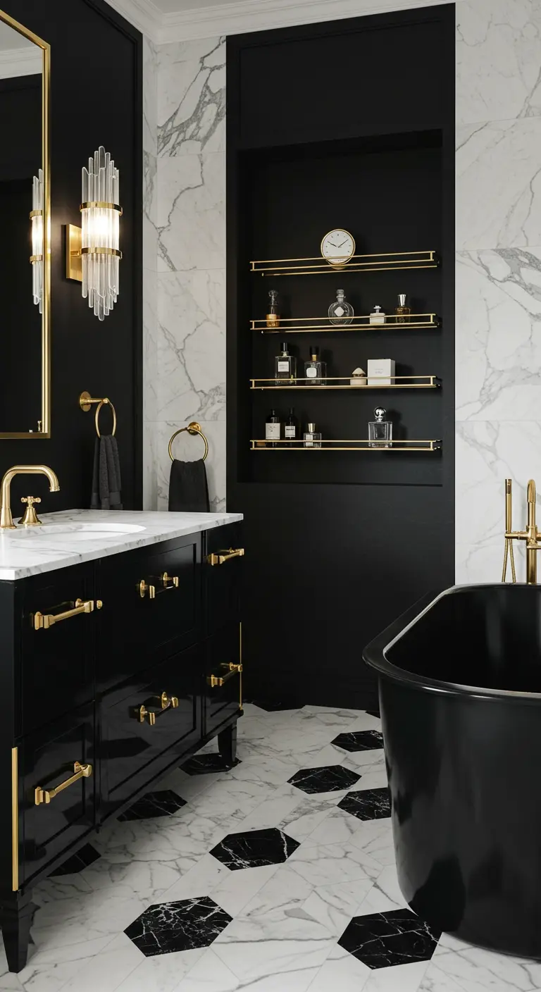 A luxurious bathroom with a black tub and white marble floor inlaid with black hex tiles.
