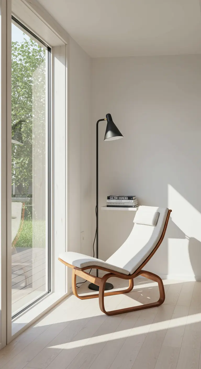A white chaise lounge with a wood frame sits by a glass door next to a black floor lamp.