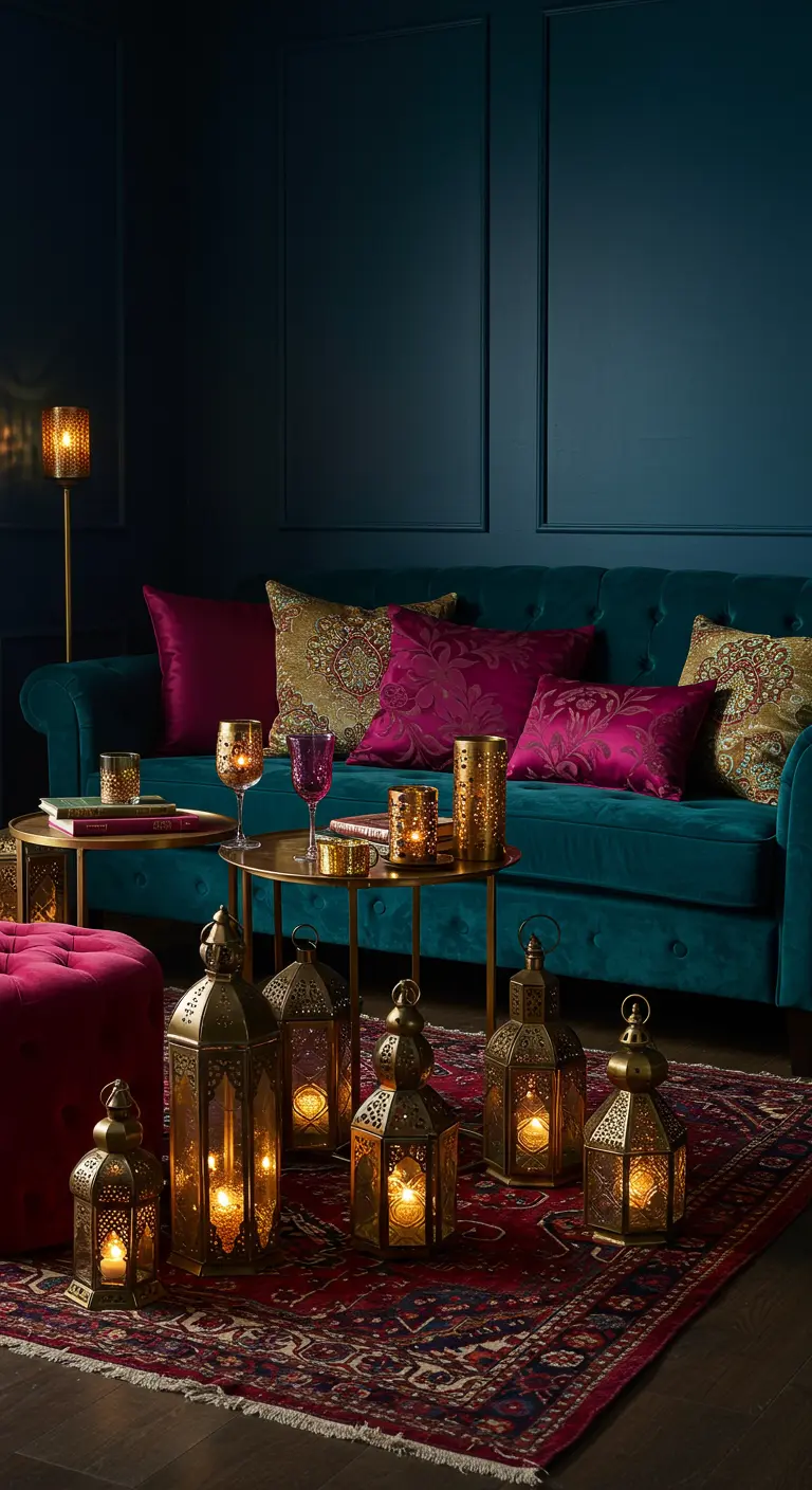 A cluster of brass Moroccan floor lanterns glowing in front of a teal velvet sofa.