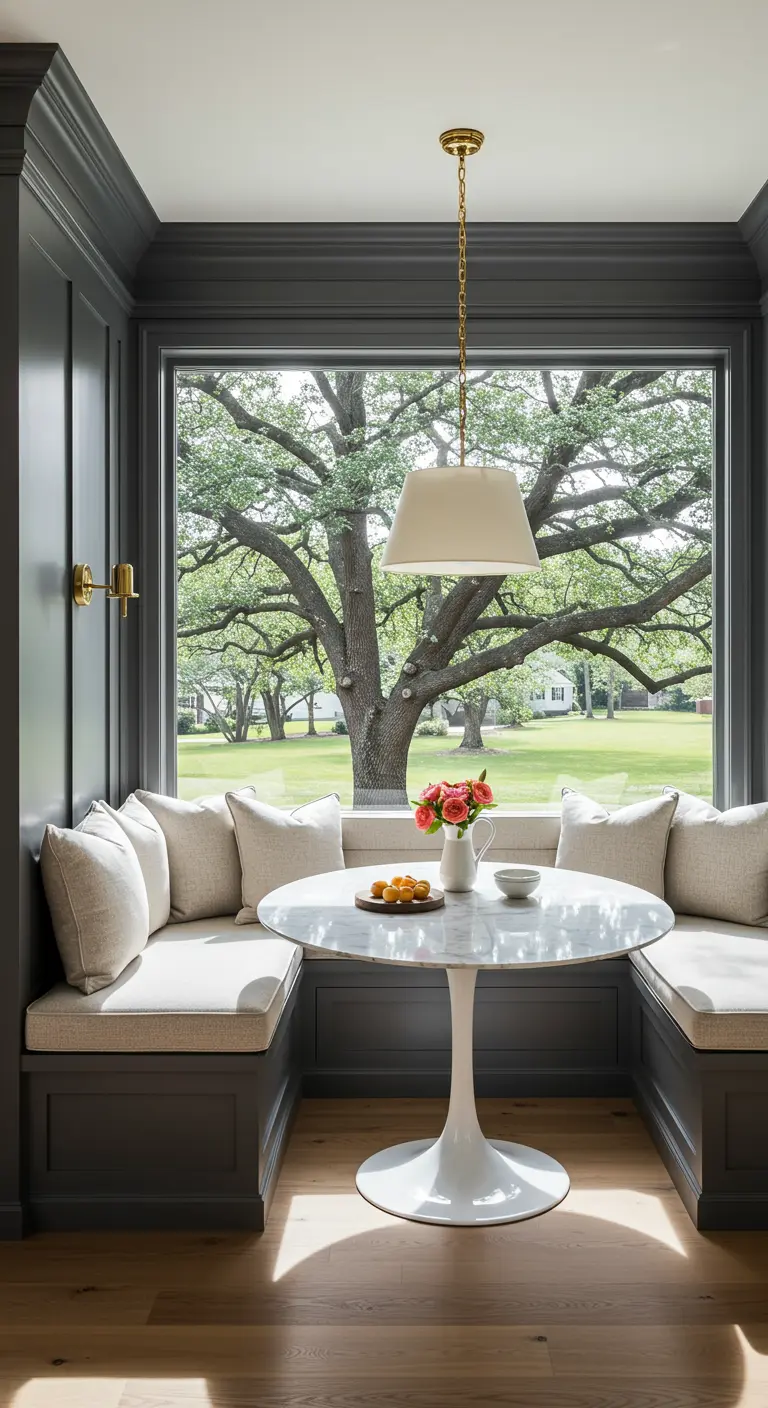 A breakfast nook with dark charcoal gray walls and banquette, framing a lush green view.