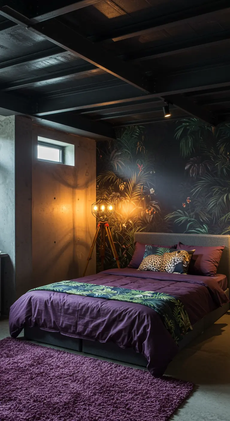 Dark bedroom with tropical wallpaper, a concrete pillar, and a tripod floor lamp creating dramatic light.