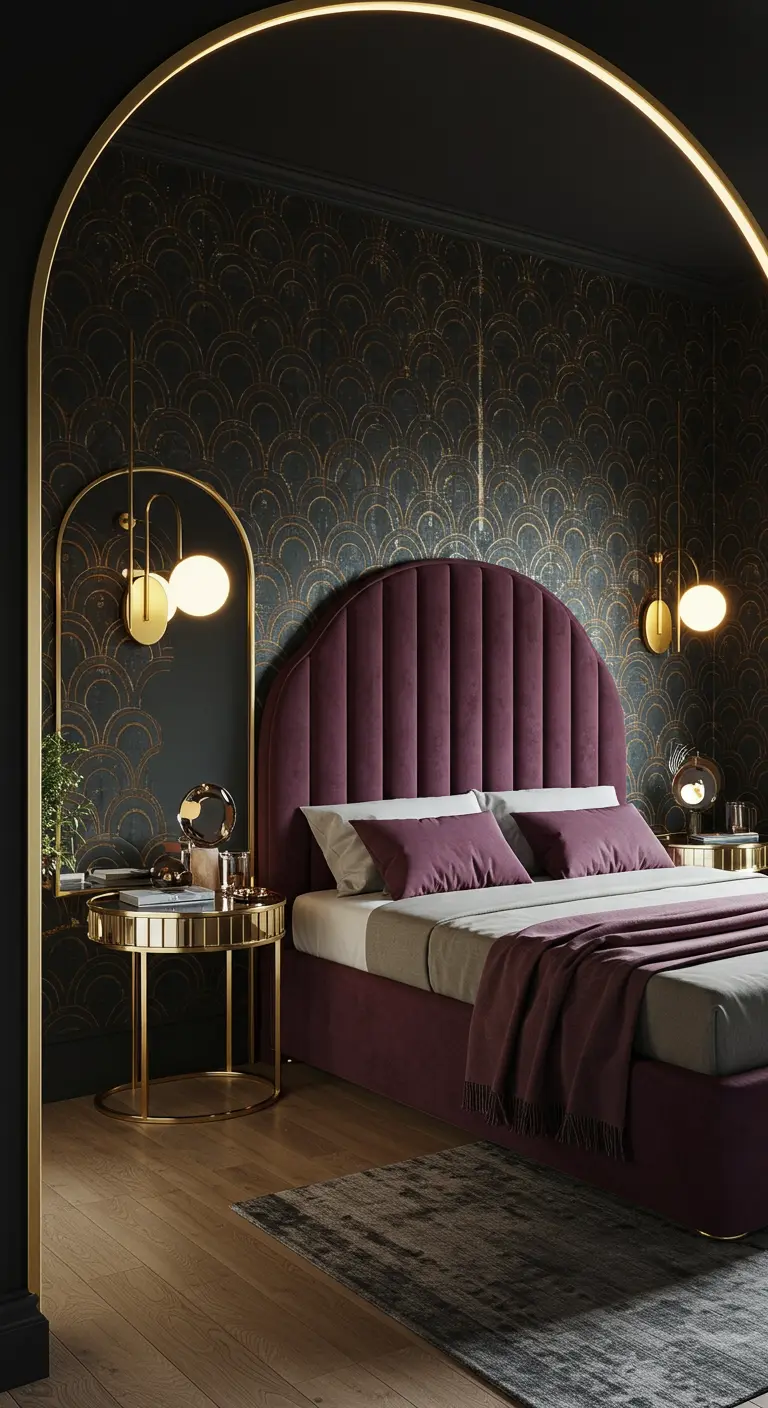 Bedroom featuring a plum velvet bed set within a dark archway with Deco wallpaper.