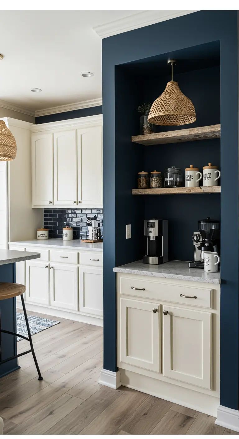A coffee station in a navy blue alcove with a woven pendant and driftwood shelves.