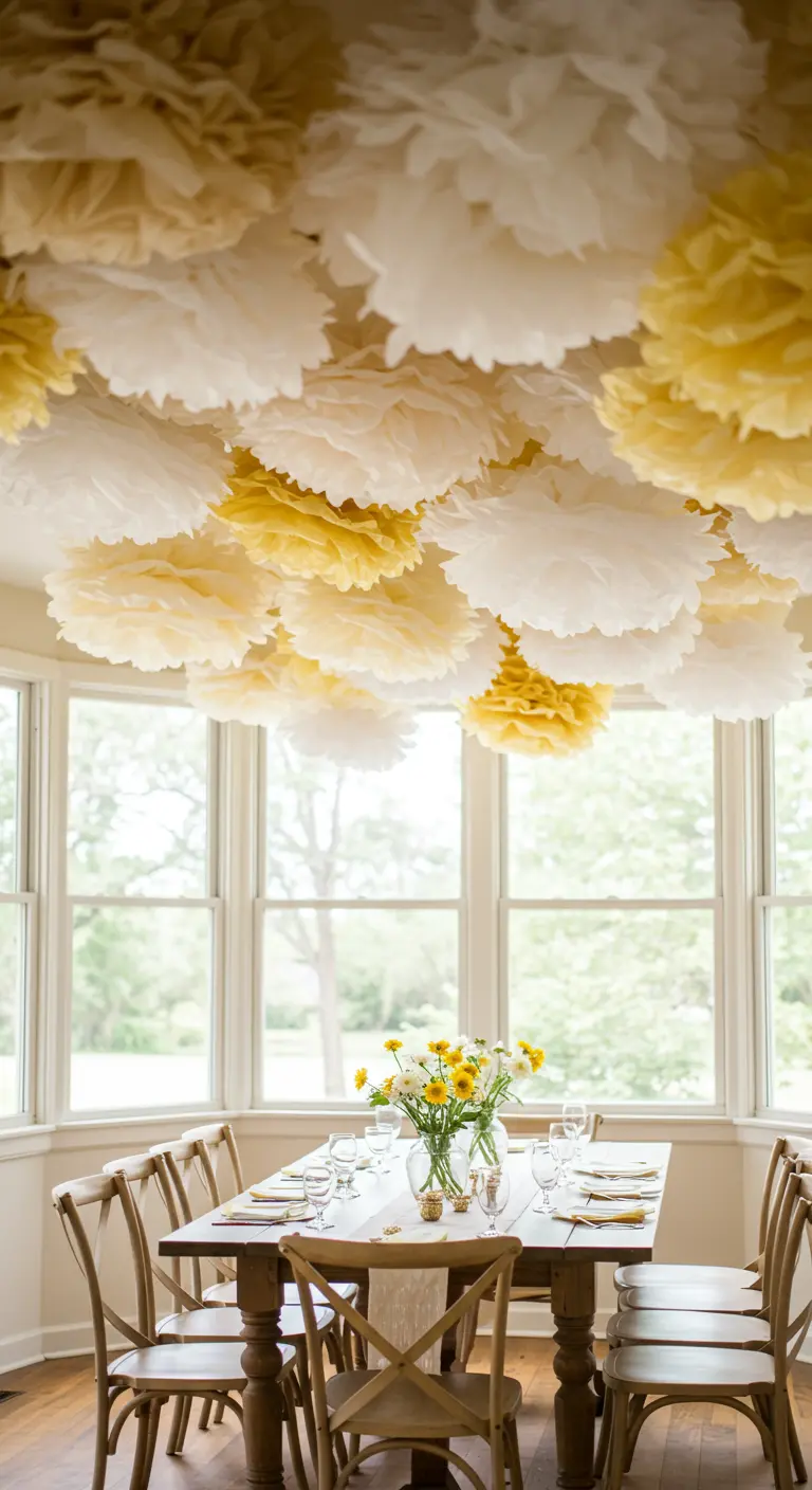 A cloud of yellow and white tissue paper pom-poms hanging over a rustic dining table.