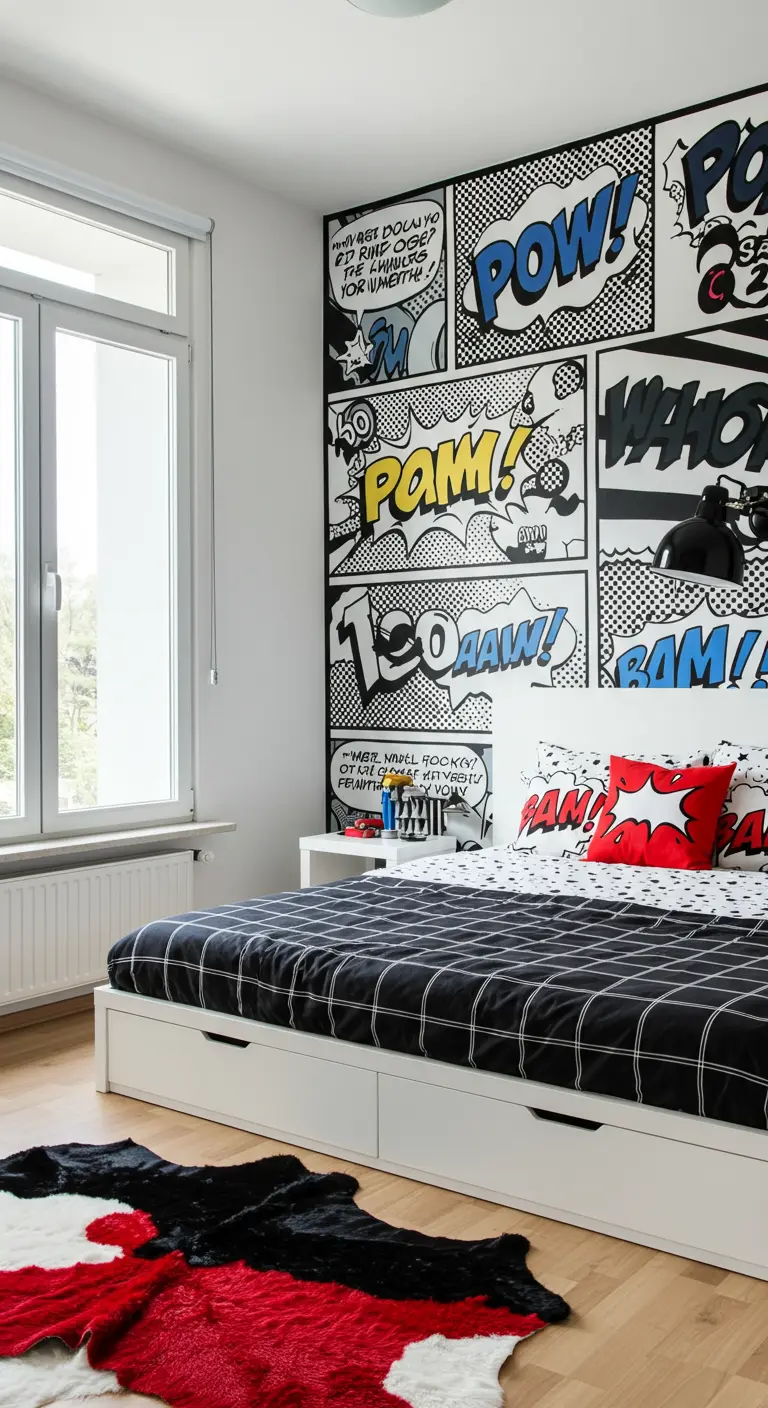 A child's bedroom with a large black-and-white comic book mural on one wall.