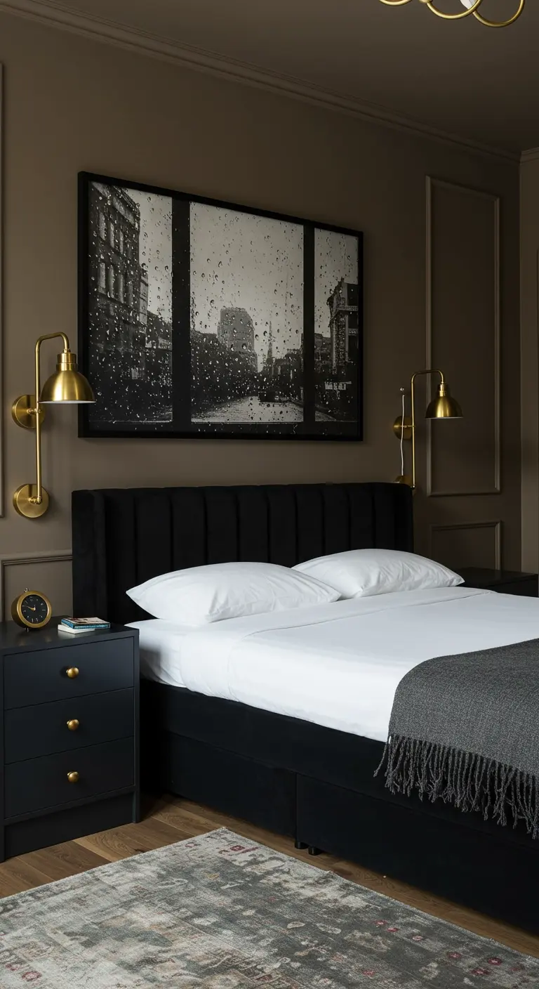 Taupe bedroom with a triptych of a rainy city view above the bed.