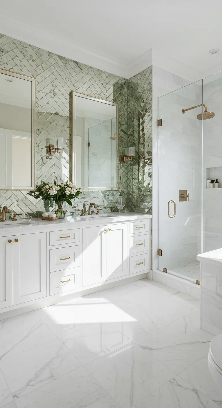 White bathroom with a herringbone antiqued mirror tile accent wall and gold hardware.