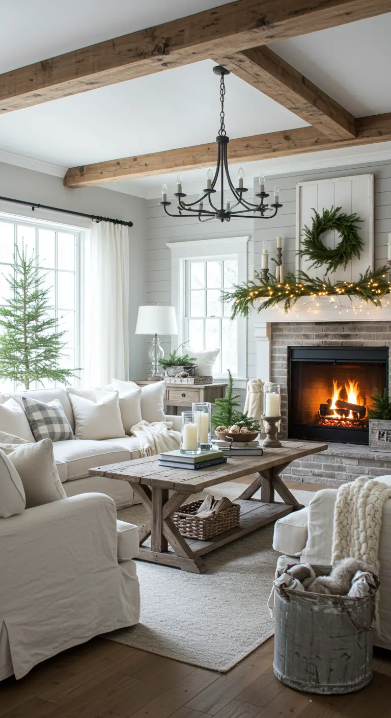 Holiday-decorated farmhouse living room with a fireplace, garland, wreath, and Christmas tree.