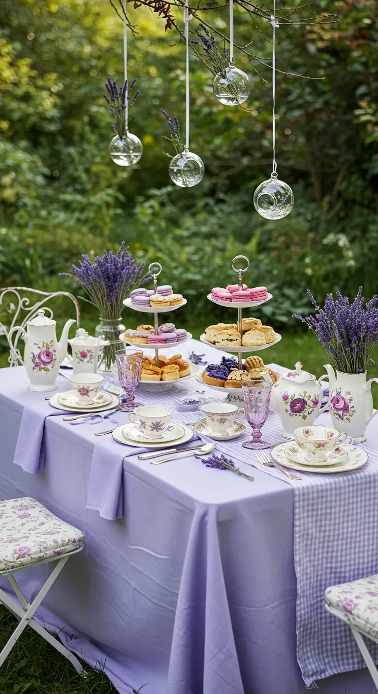 Garden tea party table with hanging glass orbs filled with lavender sprigs.