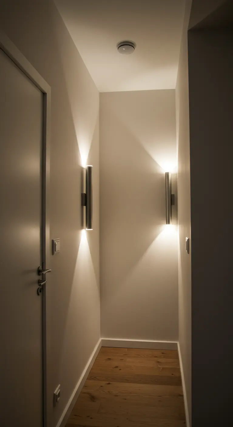 The end of a narrow hallway is lit by two cylindrical up-and-down sconces, creating a focal point.