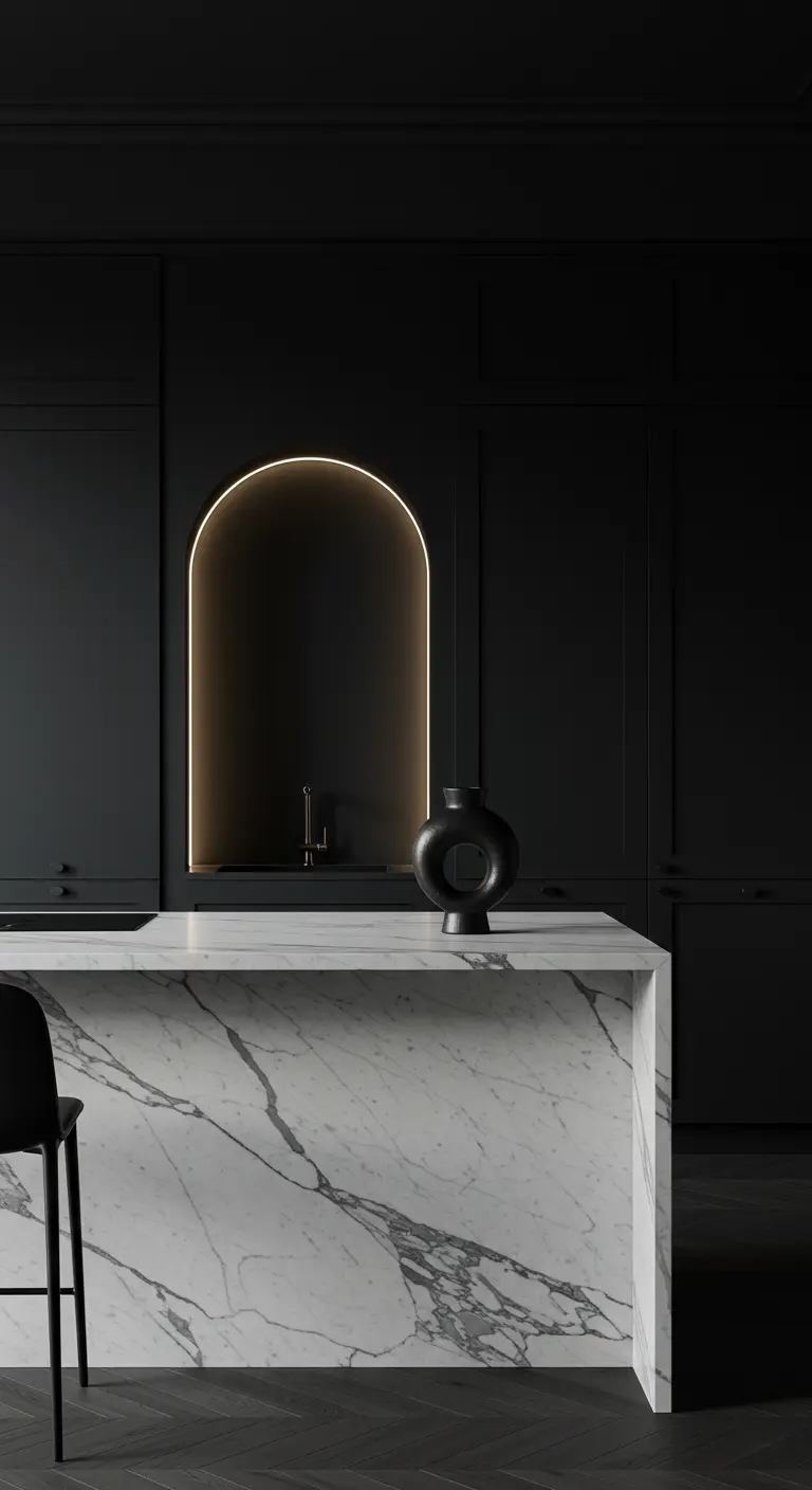 Minimalist black kitchen with a softly illuminated arched niche above the sink.