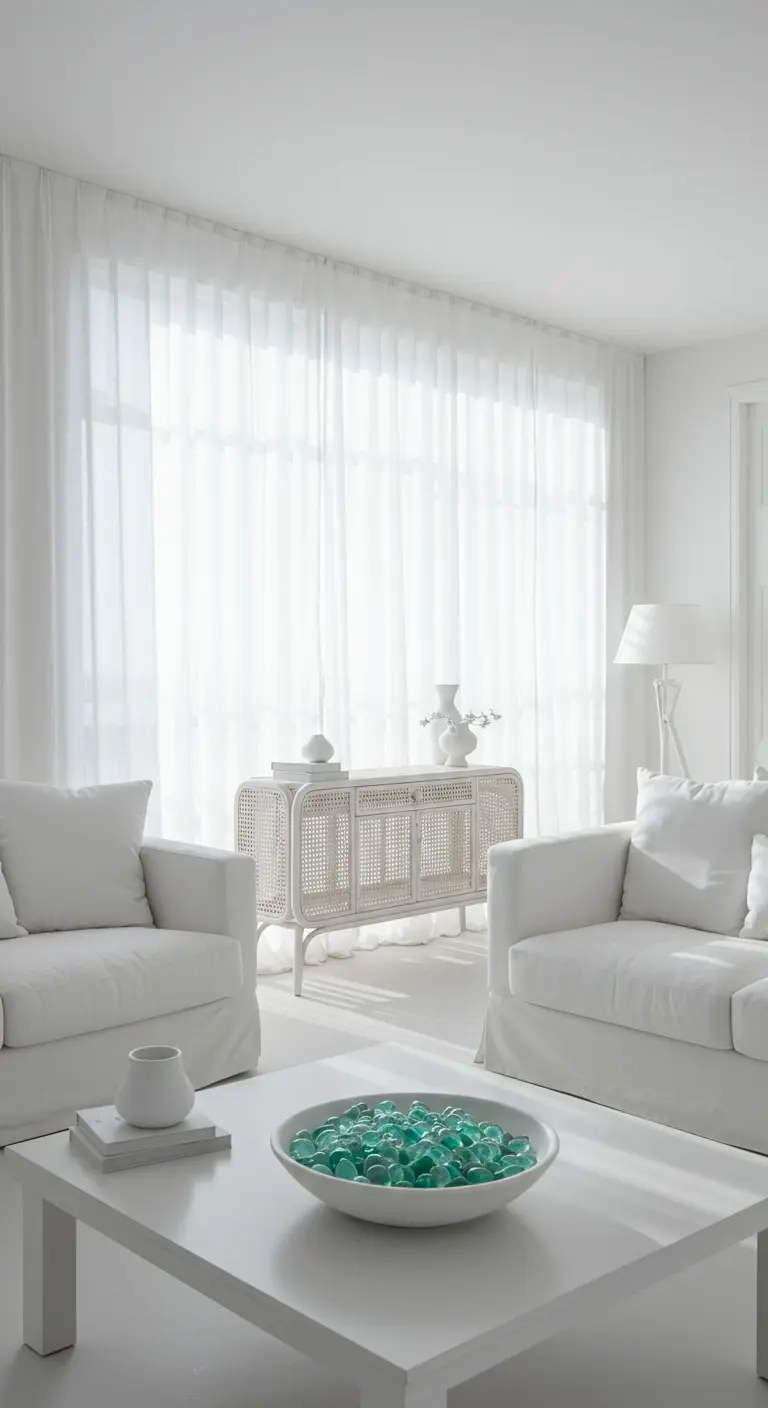 All-white living room with a white rattan sideboard and a bowl of seafoam glass beads.