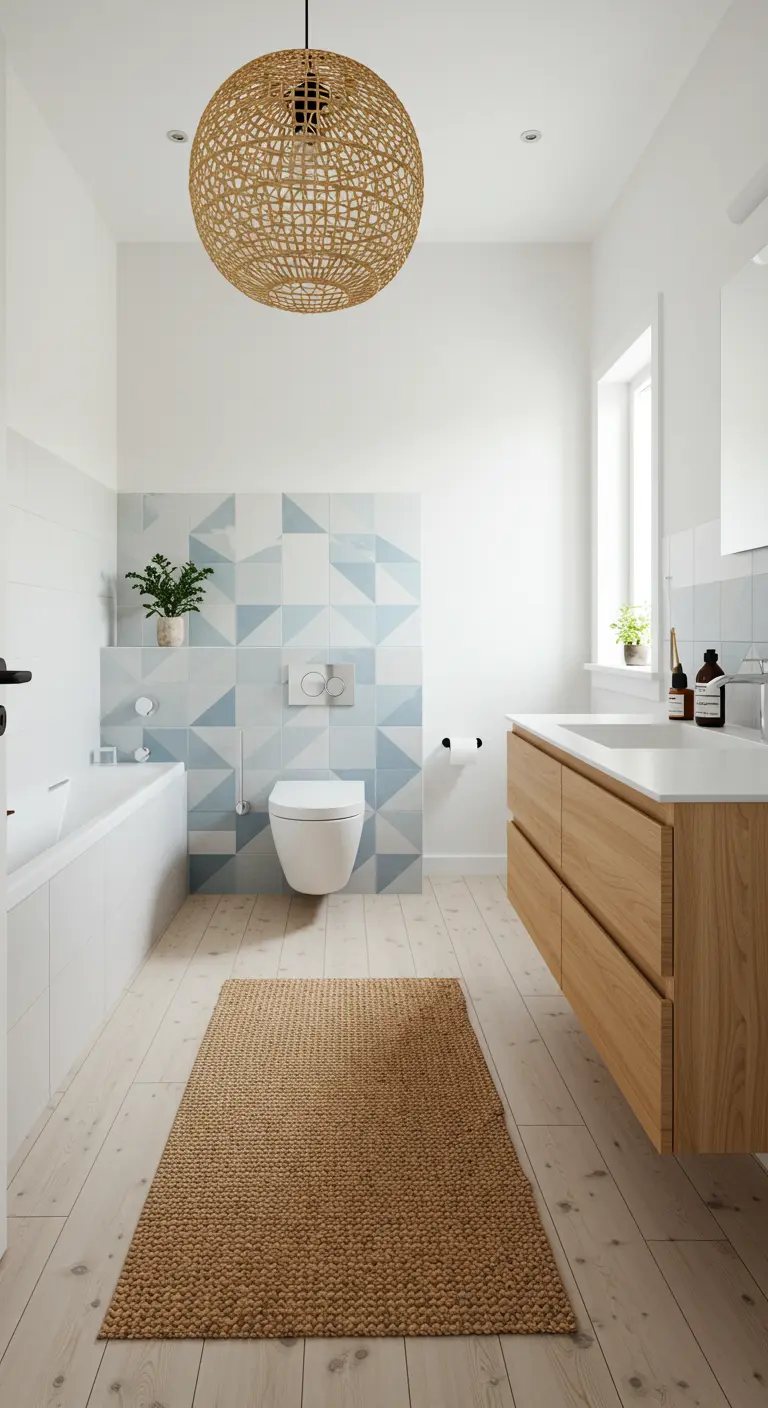 Scandinavian bathroom with a blue and white geometric tile accent wall.