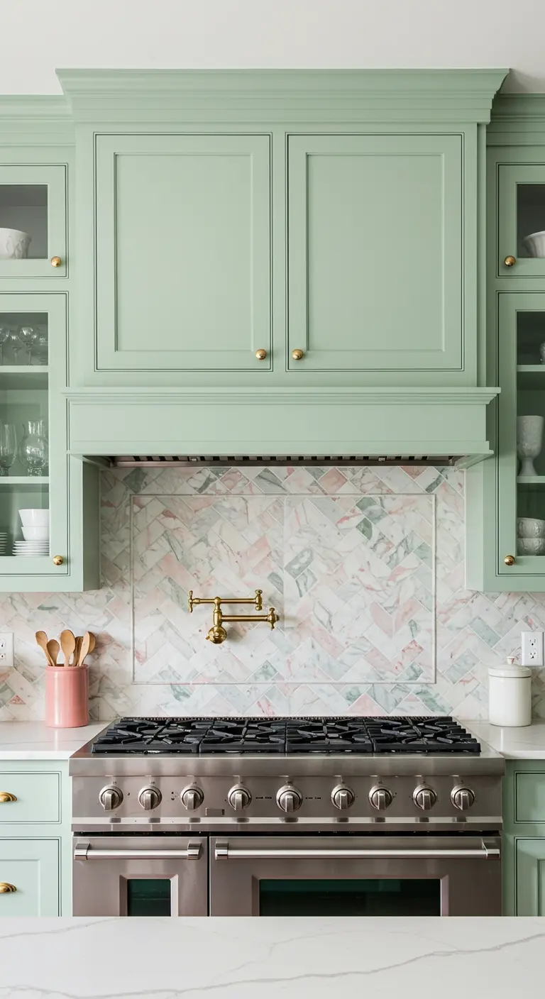 Mint green kitchen with a framed herringbone tile mosaic backsplash behind the stove.
