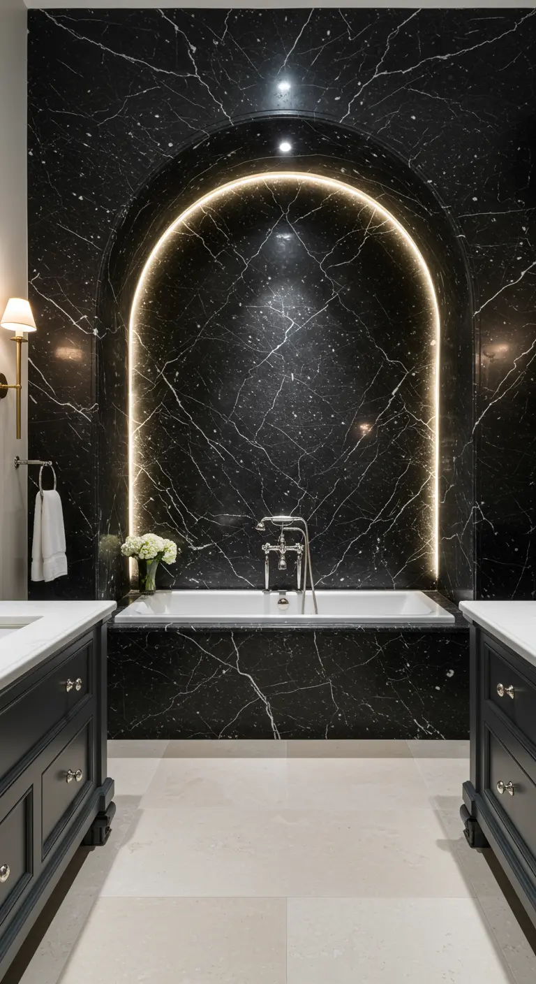 A bathtub in a black marble arched alcove outlined with warm LED light.