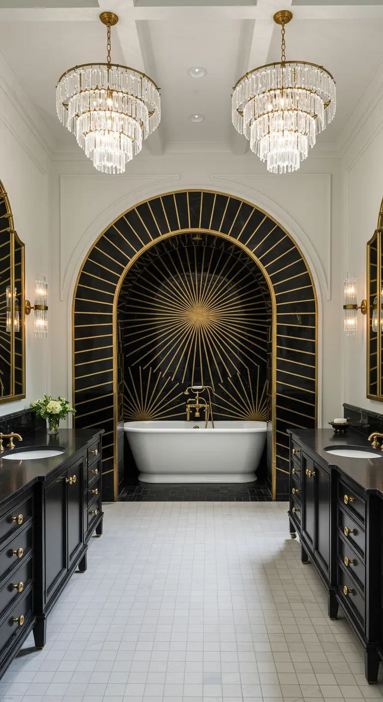 Symmetrical bathroom with a bathtub in an arched alcove featuring a black and gold sunburst.