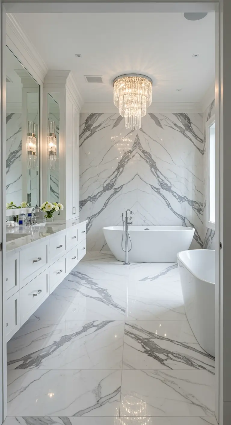 Luxury bathroom with bookmatched marble walls, a crystal chandelier, and a freestanding tub.