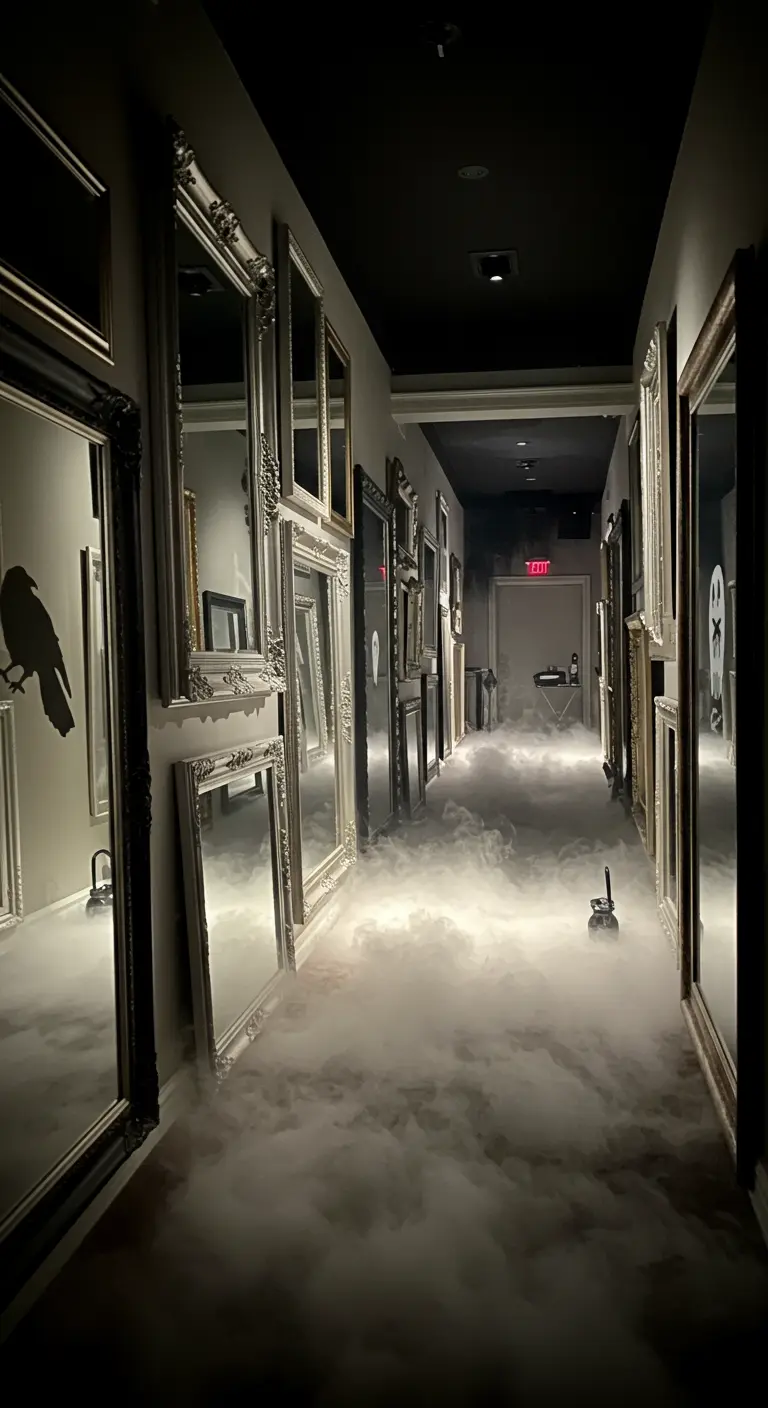 A dark hallway filled with ornate mirrors and low-lying fog for a spooky effect.
