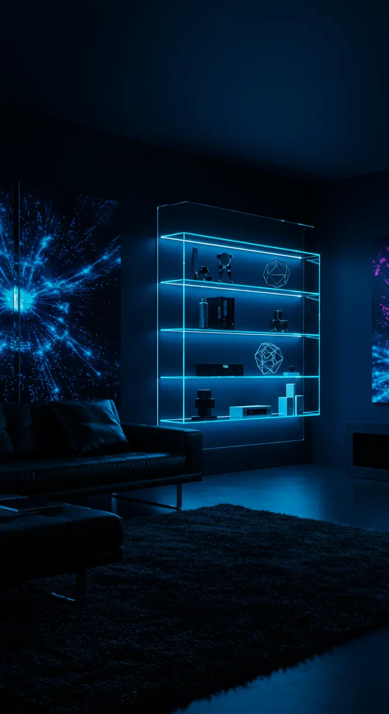 Glass floating shelves illuminated with bright blue LED light strips in a dark, modern room.