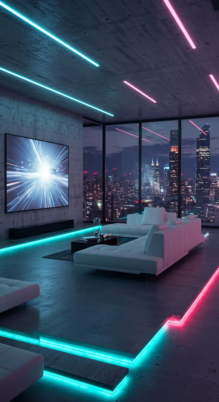 Futuristic loft with integrated blue and pink LED lighting outlining the floors and ceiling.