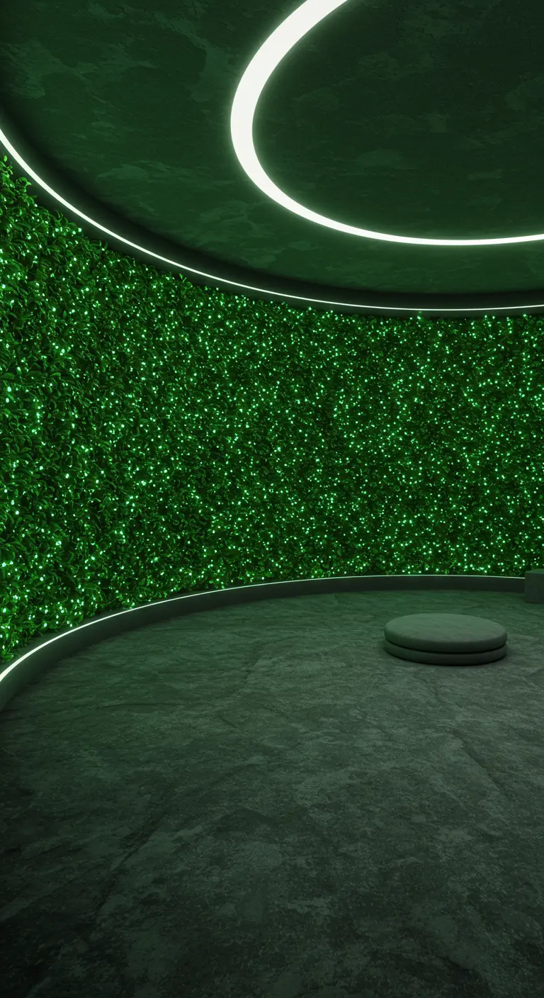 Dark room with a curved, glittering green wall illuminated by recessed ceiling lights.