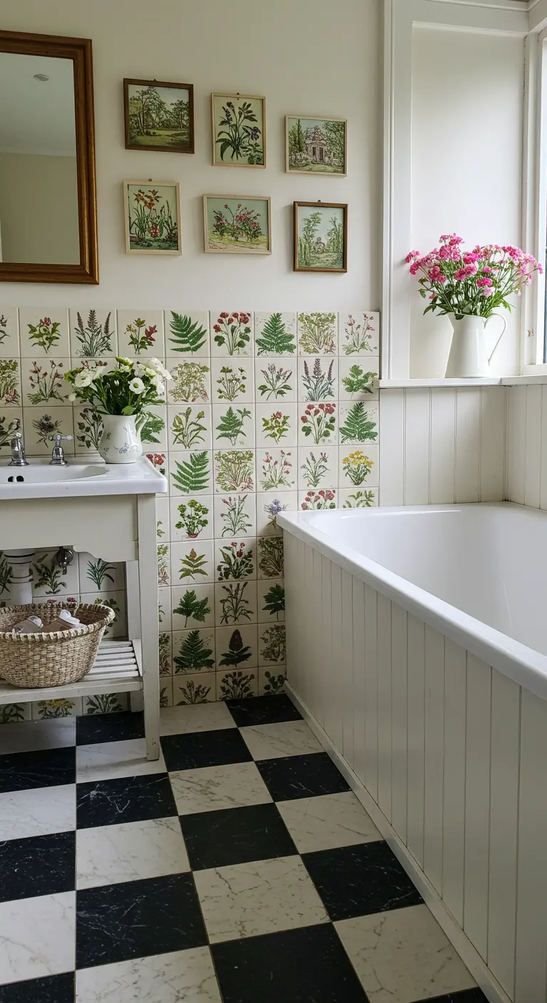Country-style bathroom with botanical tiles, a gallery wall of prints, and a checkerboard floor.