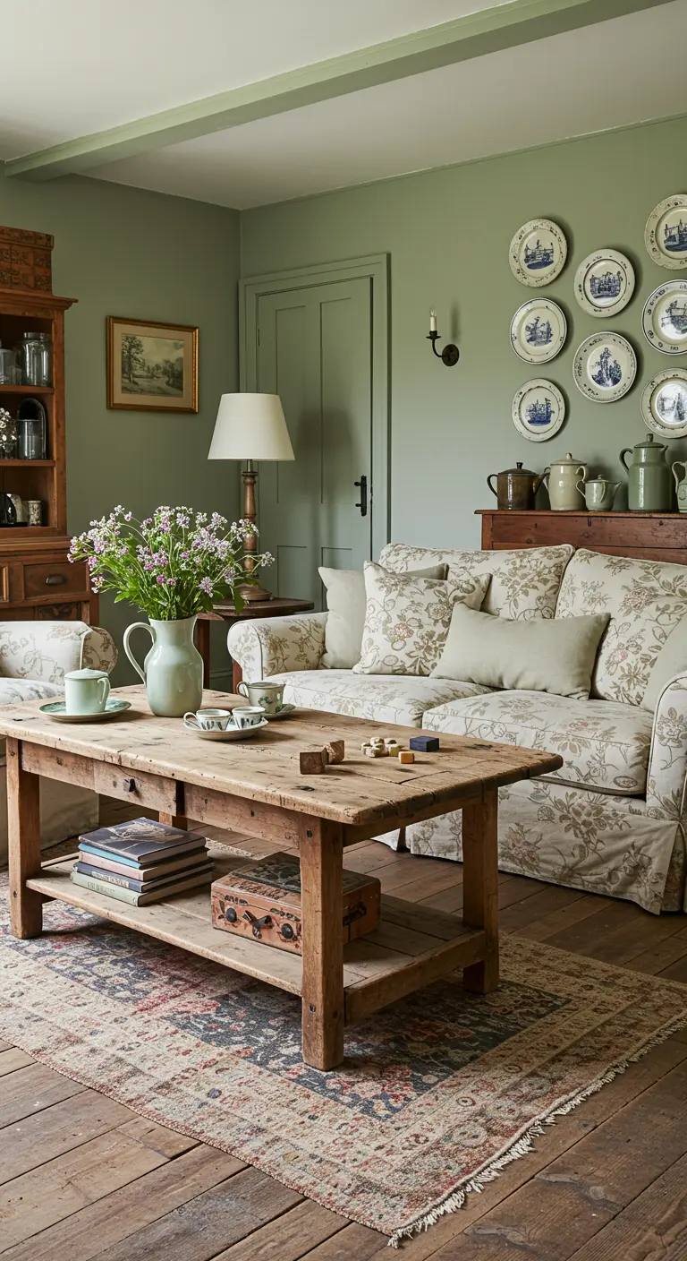 A collection of antique blue-and-white plates arranged on a sage green wall in a country living room.