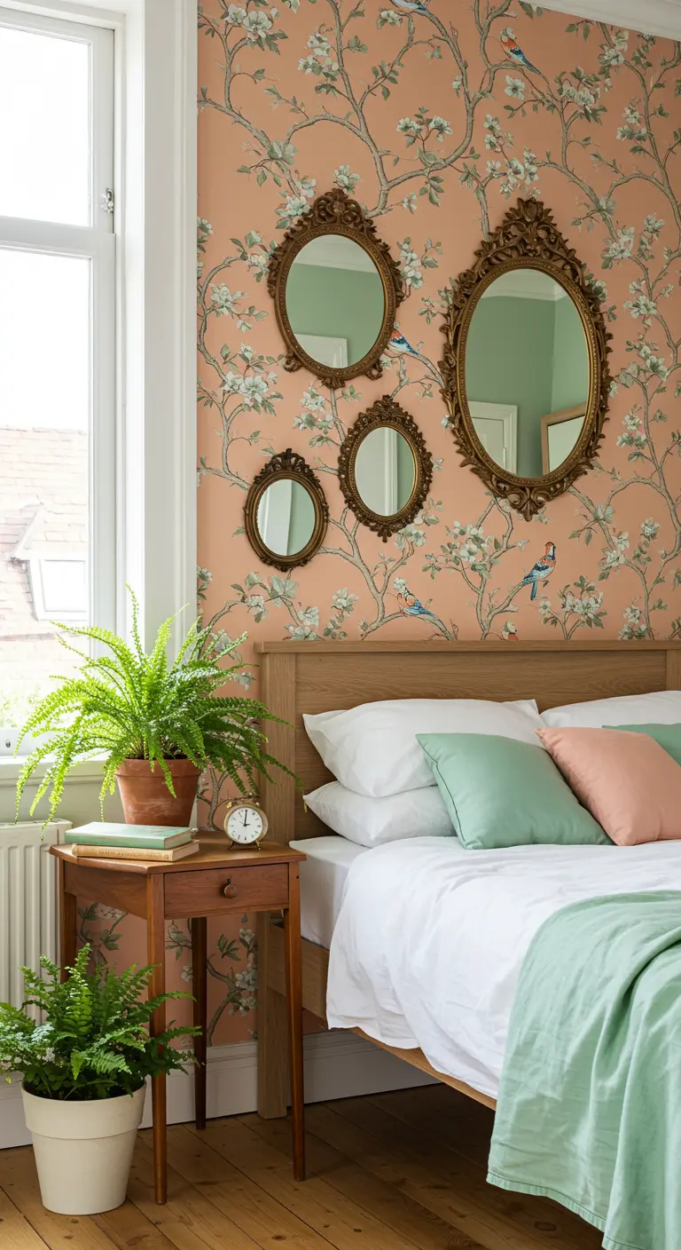 Bedroom wall with coral floral wallpaper and a cluster of four small, ornate gold-framed mirrors.