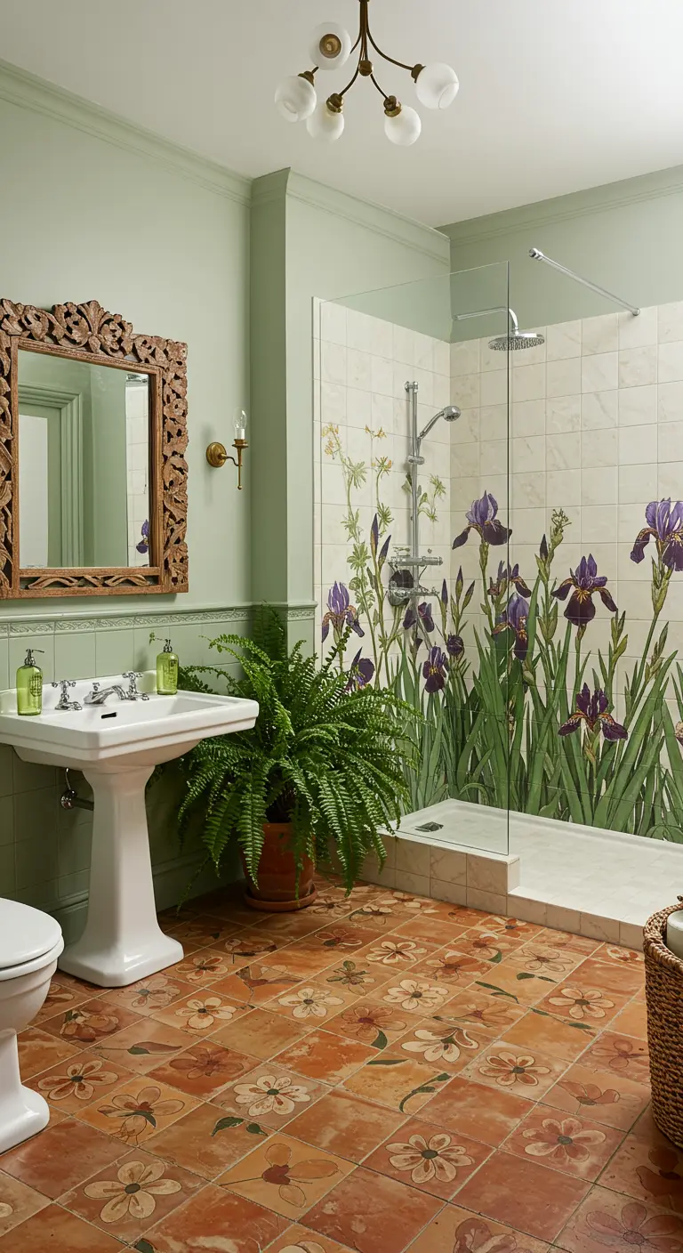 Bathroom with sage green walls and a large iris mural tile in the shower.