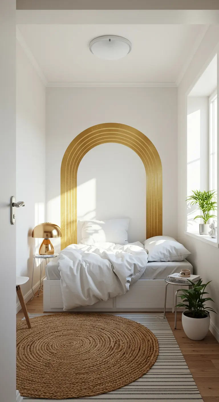 A bed sits within a nook framed by a hand-painted, multi-layered gold arch.