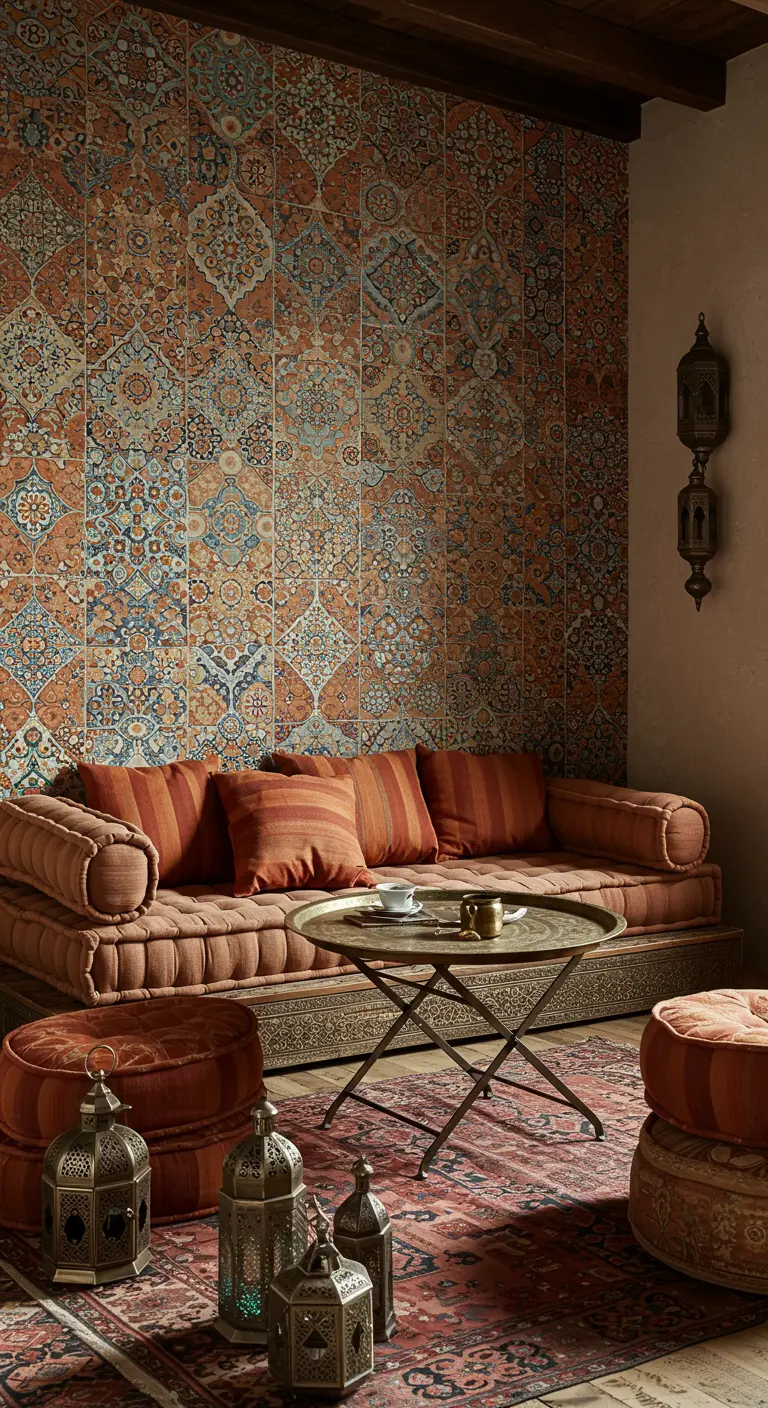 Moroccan-inspired living room with terracotta tile wallpaper and low floor seating.