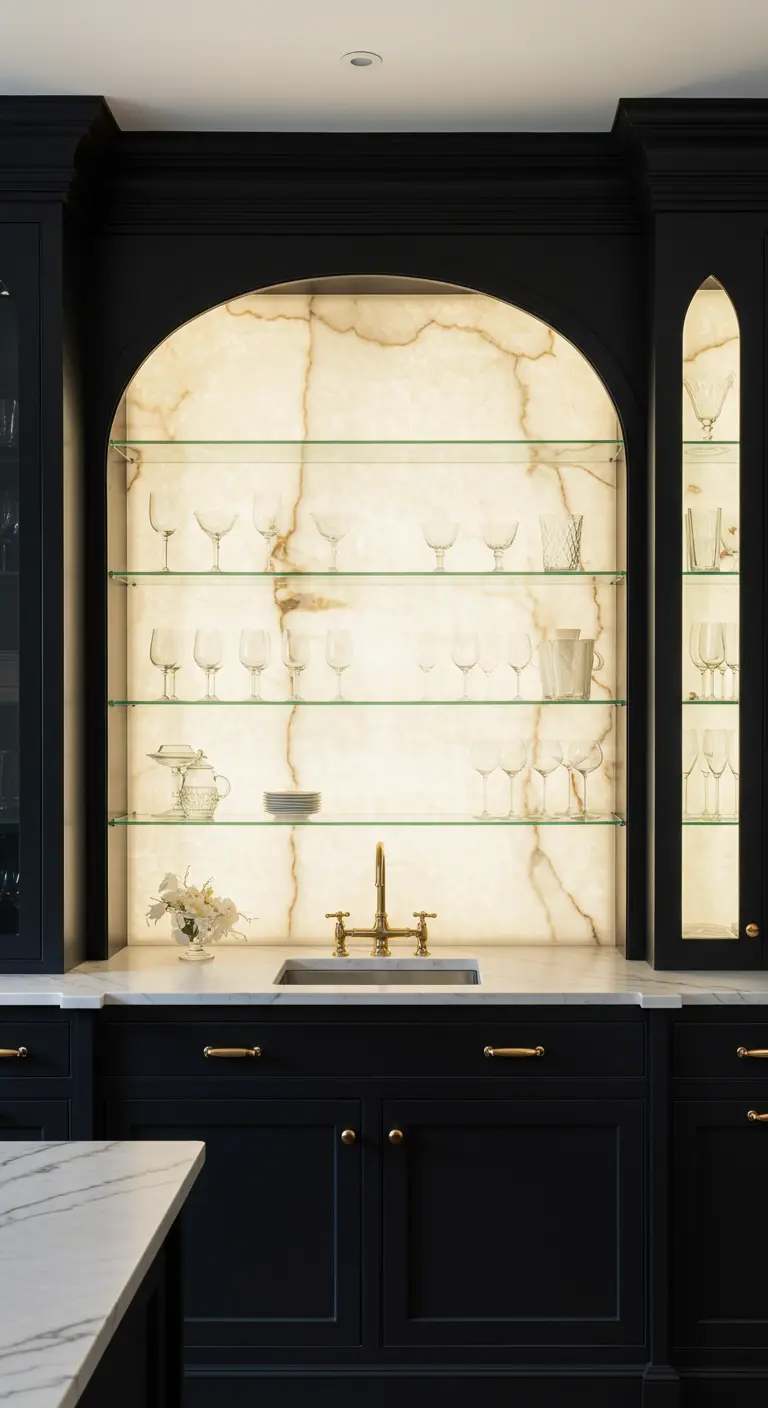 A bar niche with glass shelves and a backlit alabaster panel, creating a warm glow.