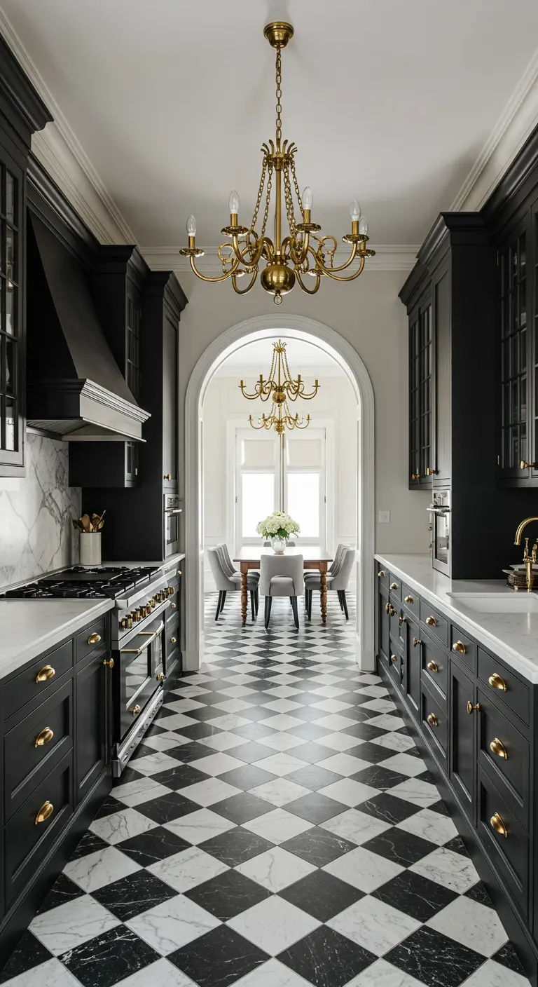 Galley kitchen with checkerboard floor leading through an archway to a dining room.