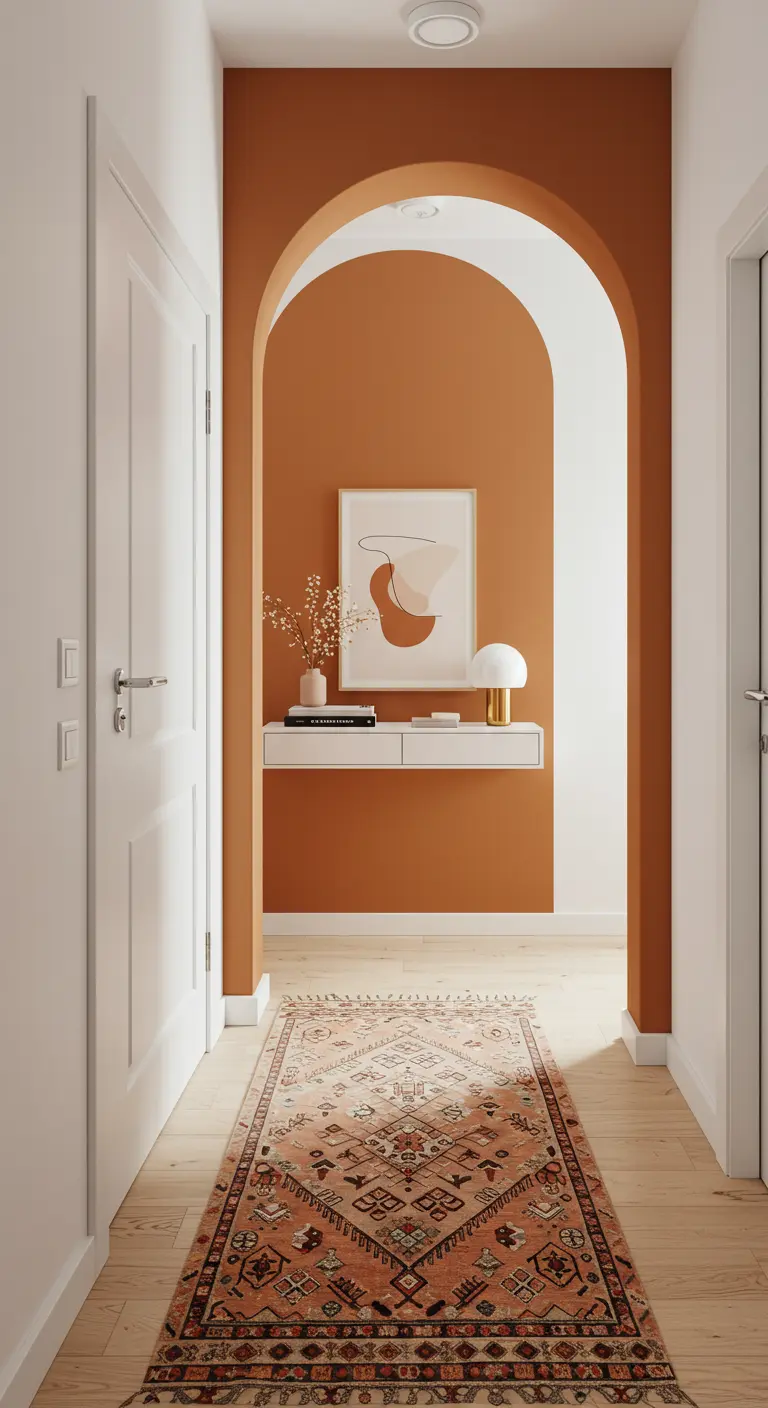 Hallway with a terracotta-colored painted arch leading to a console table with art.